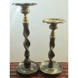 Pair of Vintage Maitland Smith Bronze & Brass Barley Twist Candle Holders